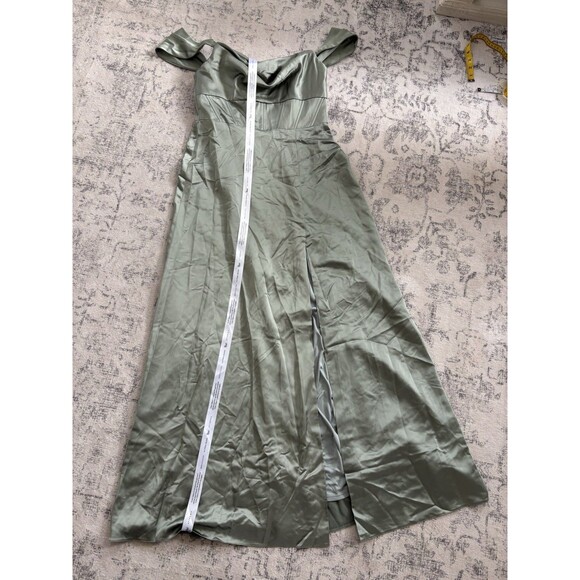 Dessy After Six A-Line Satin Maxi Dress Sage Size 10 Off The Shoulder Strapless - Picture 2 of 11